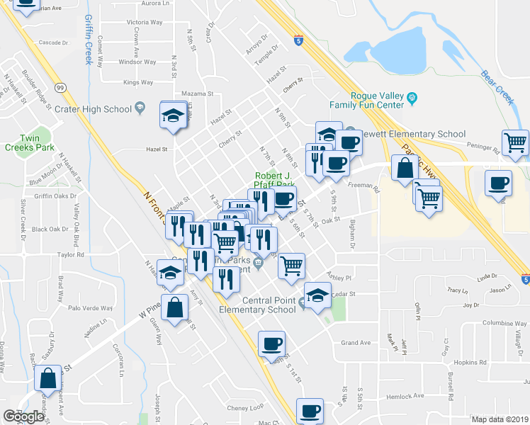 map of restaurants, bars, coffee shops, grocery stores, and more near 57 N 5th St in Central Point