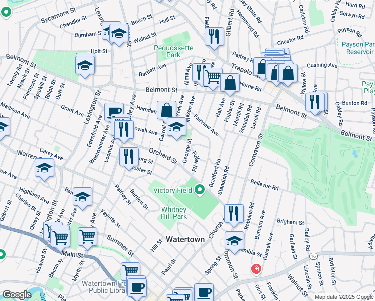 map of restaurants, bars, coffee shops, grocery stores, and more near 27 George Street in Watertown