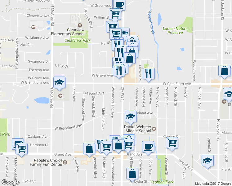 map of restaurants, bars, coffee shops, grocery stores, and more near 1121 Westmoreland Avenue in Waukegan