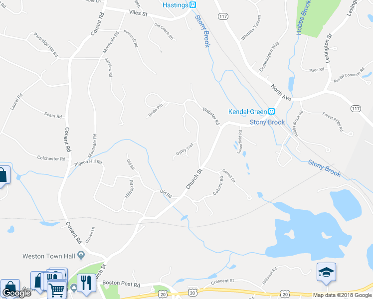 map of restaurants, bars, coffee shops, grocery stores, and more near 36 Gypsy Trail in Weston