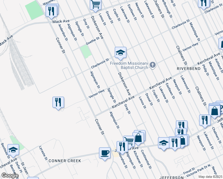 map of restaurants, bars, coffee shops, grocery stores, and more near 2216 Springle Street in Detroit