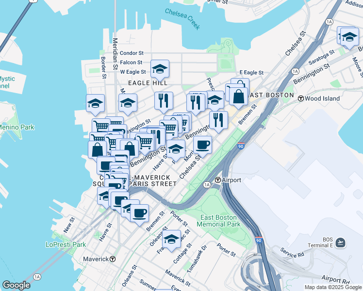 map of restaurants, bars, coffee shops, grocery stores, and more near 66 Brooks Street in Boston