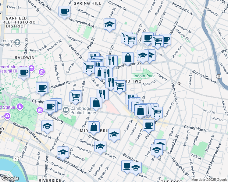 map of restaurants, bars, coffee shops, grocery stores, and more near 69 Beacon Street in Somerville