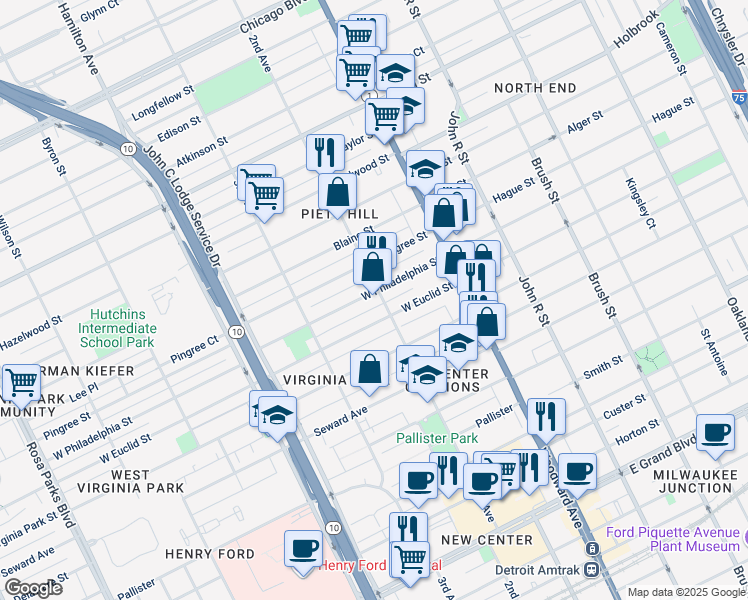 map of restaurants, bars, coffee shops, grocery stores, and more near 639 West Philadelphia Street in Detroit