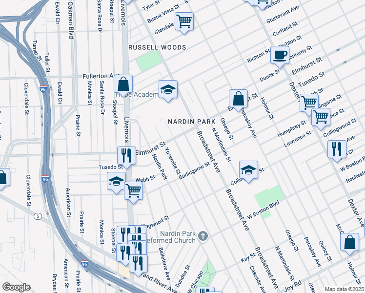 map of restaurants, bars, coffee shops, grocery stores, and more near 11722 Yellowstone Street in Detroit