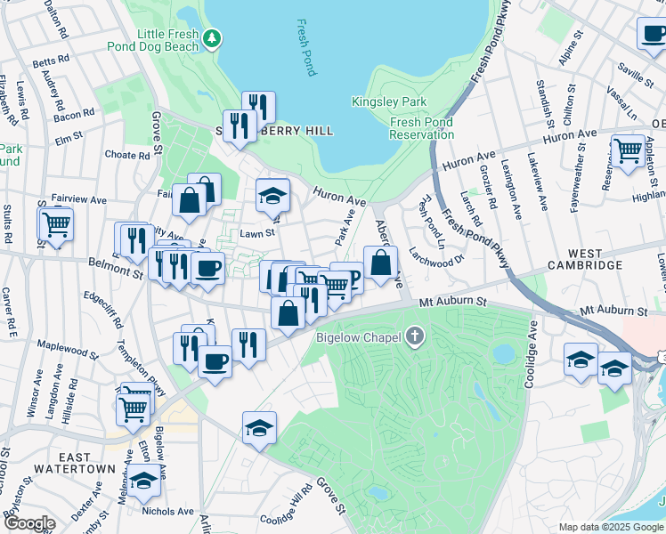 map of restaurants, bars, coffee shops, grocery stores, and more near 28 Holworthy Place in Cambridge