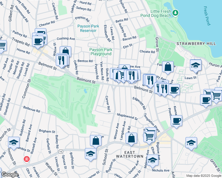 map of restaurants, bars, coffee shops, grocery stores, and more near 408 School Street in Watertown