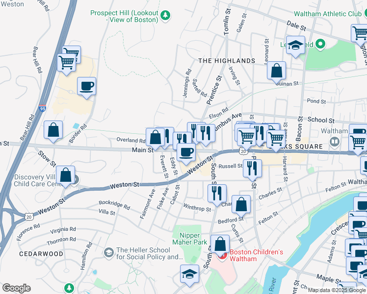 map of restaurants, bars, coffee shops, grocery stores, and more near 1019 Main Street in Waltham