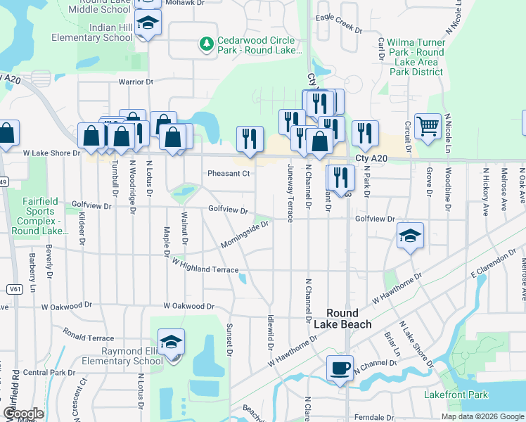 map of restaurants, bars, coffee shops, grocery stores, and more near 506 West Golfview Drive in Round Lake Beach