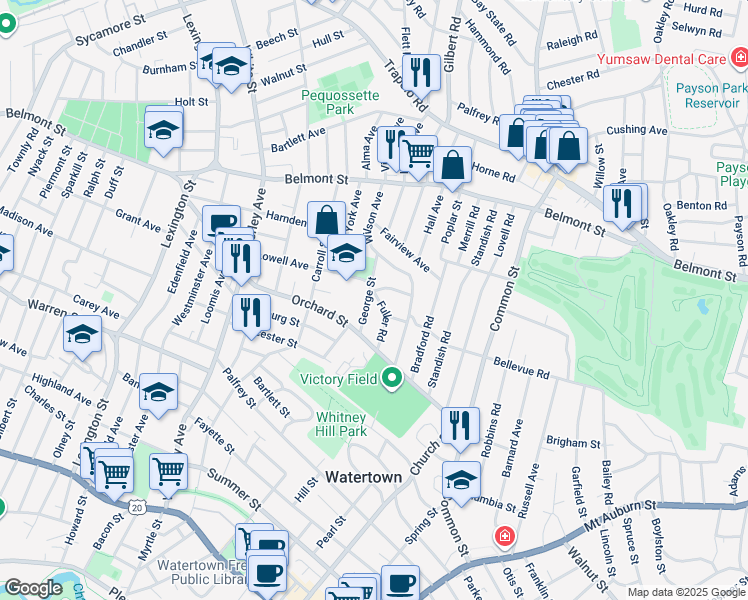map of restaurants, bars, coffee shops, grocery stores, and more near 50 Fuller Road in Watertown