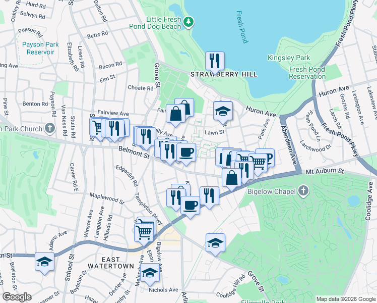 map of restaurants, bars, coffee shops, grocery stores, and more near 24 Exeter Street in Belmont