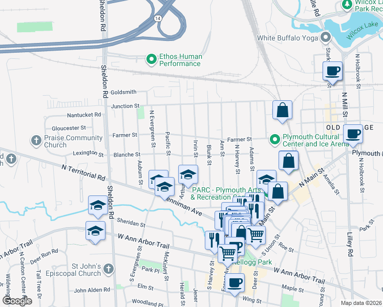 map of restaurants, bars, coffee shops, grocery stores, and more near 405 Irvin Street in Plymouth