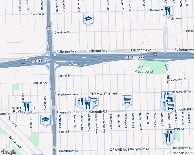 map of restaurants, bars, coffee shops, grocery stores, and more near 12136 Grandmont Avenue in Detroit