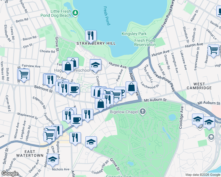 map of restaurants, bars, coffee shops, grocery stores, and more near 71 Holworthy Street in Cambridge