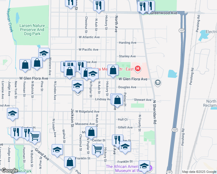 map of restaurants, bars, coffee shops, grocery stores, and more near 522 Douglas Avenue in Waukegan