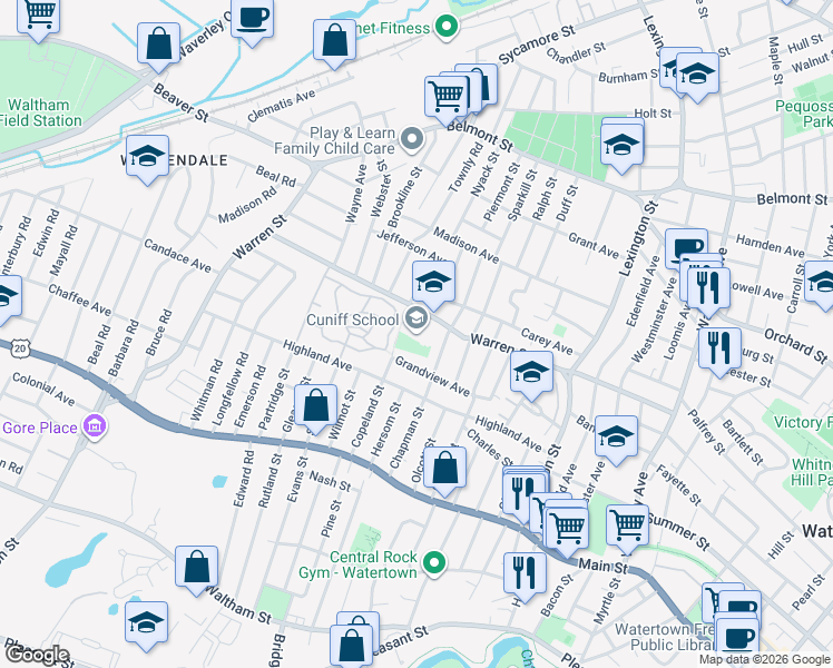 map of restaurants, bars, coffee shops, grocery stores, and more near 246 Warren Street in Watertown