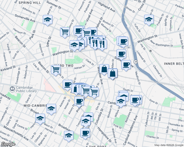 map of restaurants, bars, coffee shops, grocery stores, and more near 22 Concord Avenue in Somerville