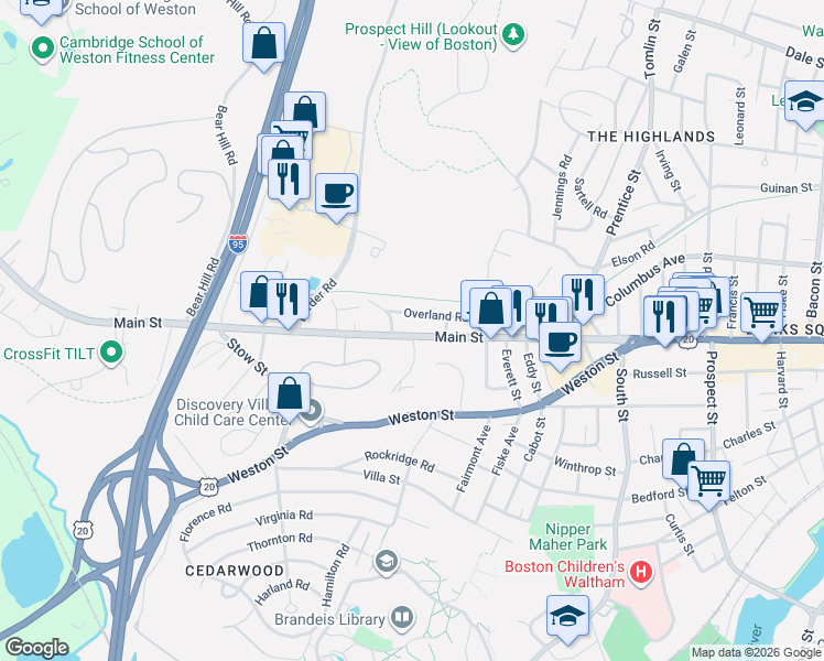map of restaurants, bars, coffee shops, grocery stores, and more near in Waltham