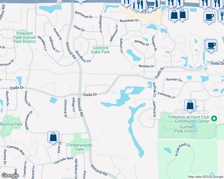 map of restaurants, bars, coffee shops, grocery stores, and more near 1135 Tyme Court in Gurnee