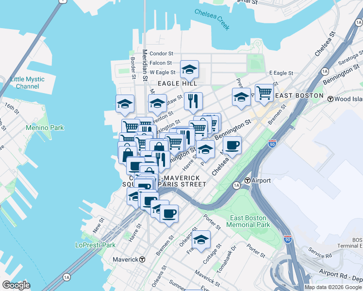 map of restaurants, bars, coffee shops, grocery stores, and more near 92 Bennington Street in Boston