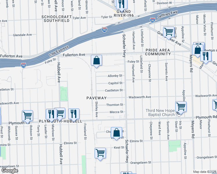 map of restaurants, bars, coffee shops, grocery stores, and more near 13750 Castleton Street in Detroit