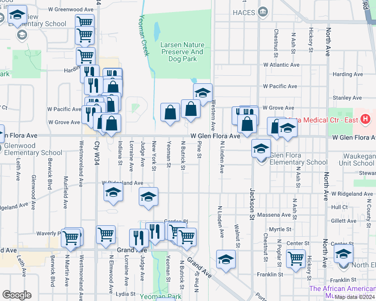 map of restaurants, bars, coffee shops, grocery stores, and more near 1125 North Butrick Street in Waukegan