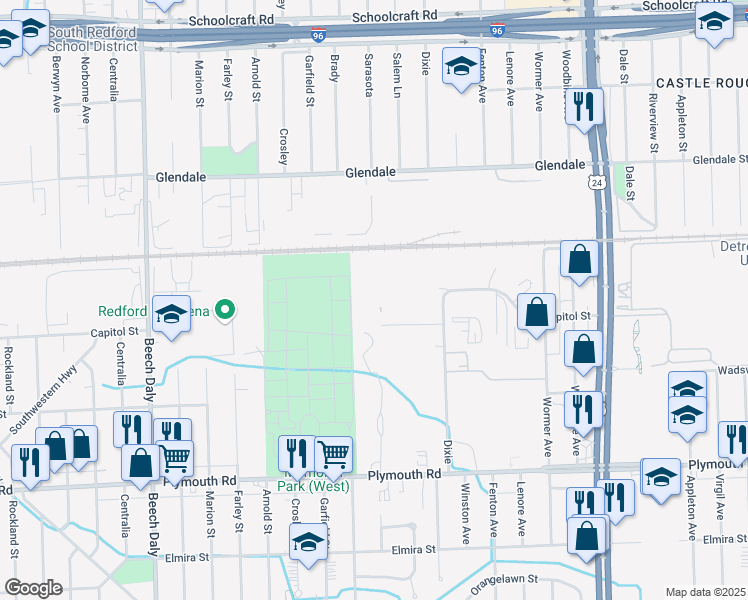 map of restaurants, bars, coffee shops, grocery stores, and more near 25000 Capitol in Redford Charter Township
