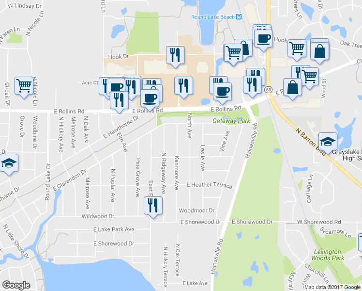 map of restaurants, bars, coffee shops, grocery stores, and more near 1521 Kenmore Avenue in Round Lake Beach