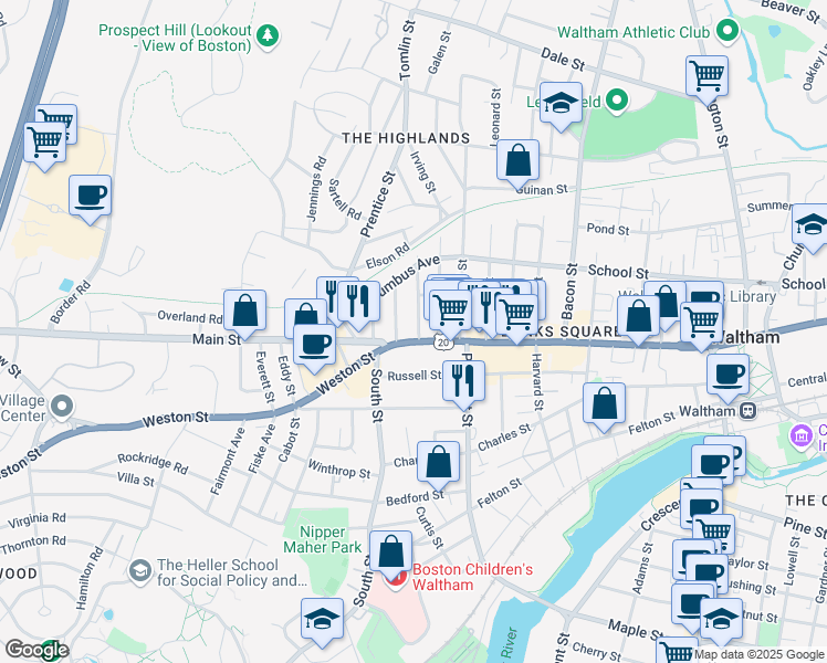 map of restaurants, bars, coffee shops, grocery stores, and more near 933 Main Street in Waltham