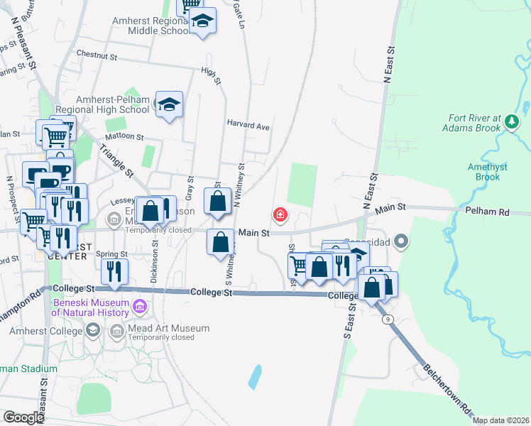 map of restaurants, bars, coffee shops, grocery stores, and more near 26 Spaulding Street in Amherst