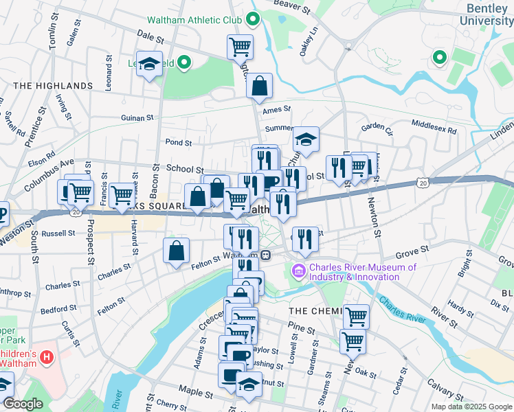 map of restaurants, bars, coffee shops, grocery stores, and more near 657 Main Street in Waltham