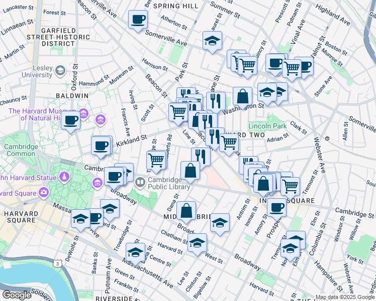 map of restaurants, bars, coffee shops, grocery stores, and more near 59 Magnolia Avenue in Cambridge