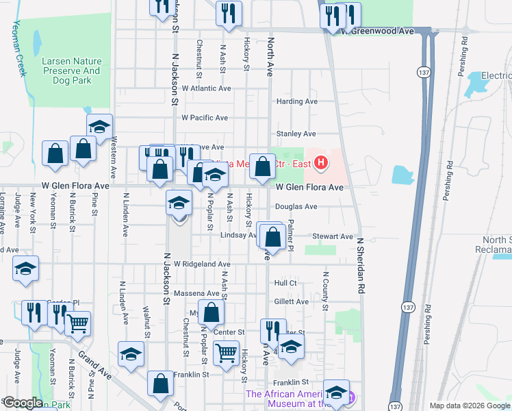 map of restaurants, bars, coffee shops, grocery stores, and more near 522 Douglas Avenue in Waukegan