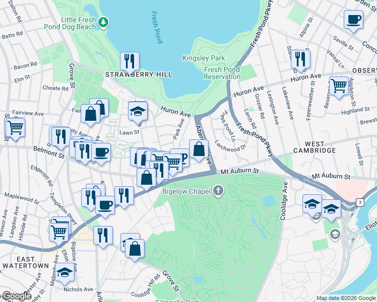 map of restaurants, bars, coffee shops, grocery stores, and more near 47 Homer Avenue in Cambridge