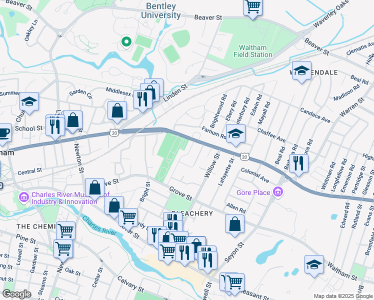 map of restaurants, bars, coffee shops, grocery stores, and more near 37 Potter Road in Waltham