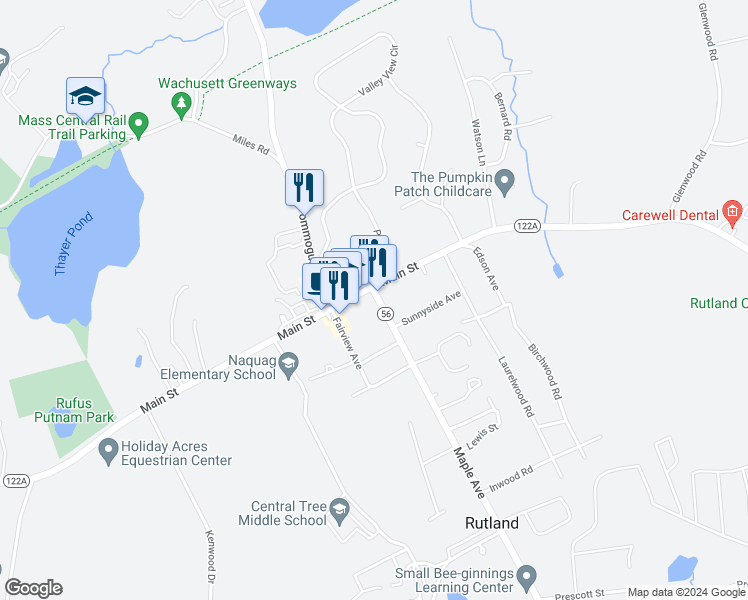 map of restaurants, bars, coffee shops, grocery stores, and more near 6 Maple Avenue in Rutland