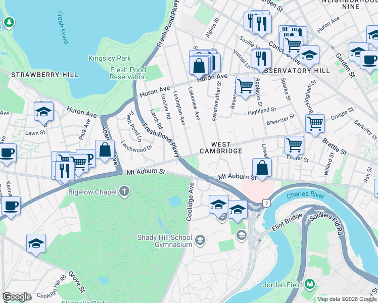 map of restaurants, bars, coffee shops, grocery stores, and more near 8 Lexington Avenue in Cambridge