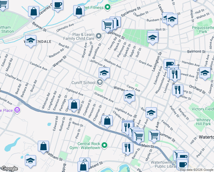 map of restaurants, bars, coffee shops, grocery stores, and more near 134 Chapman Street in Watertown