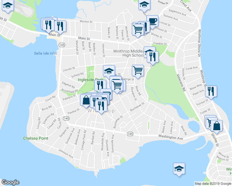 map of restaurants, bars, coffee shops, grocery stores, and more near 226 Winthrop Street in Winthrop