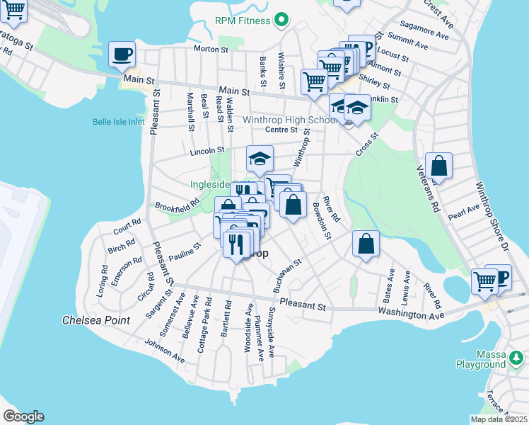 map of restaurants, bars, coffee shops, grocery stores, and more near 226 Winthrop Street in Winthrop