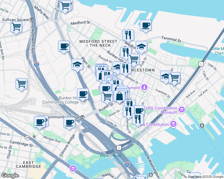 map of restaurants, bars, coffee shops, grocery stores, and more near 219 Main Street in Boston