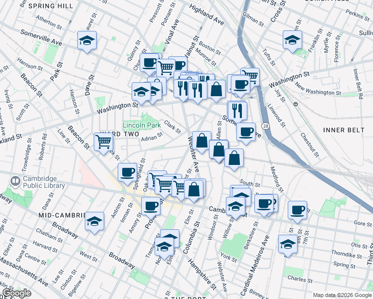 map of restaurants, bars, coffee shops, grocery stores, and more near 55 Webster Avenue in Somerville