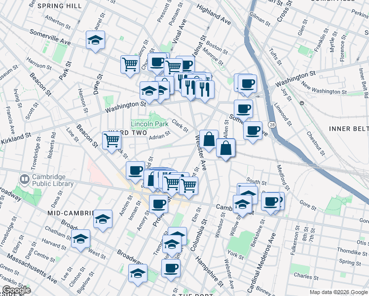 map of restaurants, bars, coffee shops, grocery stores, and more near 22 Concord Avenue in Somerville