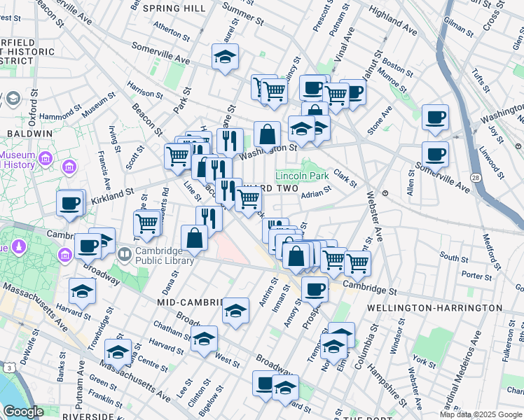 map of restaurants, bars, coffee shops, grocery stores, and more near 15 Buckingham Street in Somerville