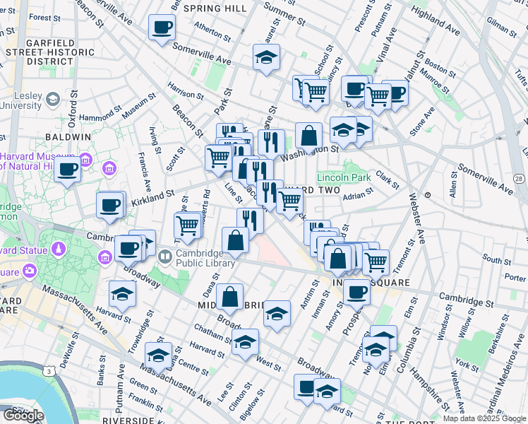 map of restaurants, bars, coffee shops, grocery stores, and more near 76 Beacon Street in Somerville