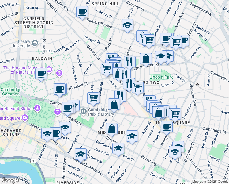 map of restaurants, bars, coffee shops, grocery stores, and more near 59 Magnolia Avenue in Cambridge