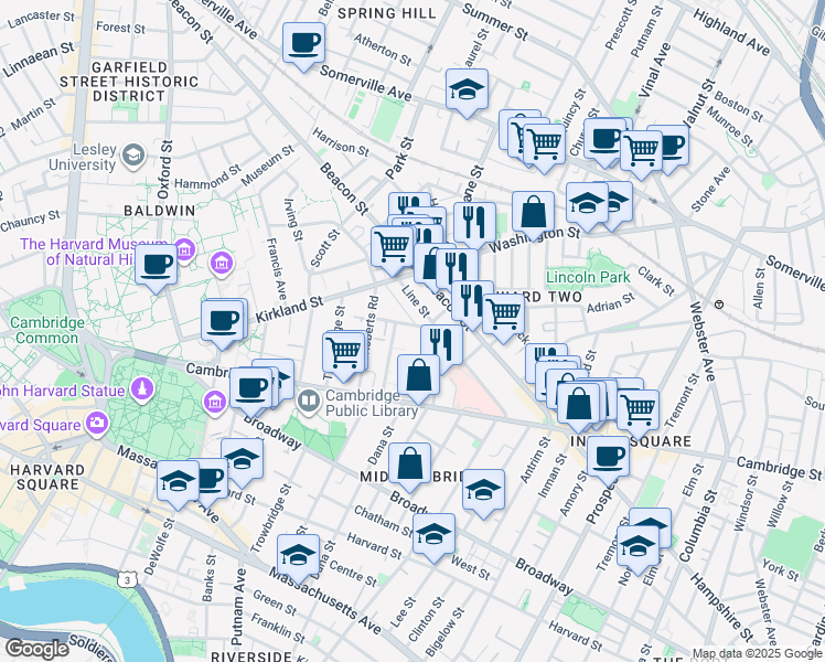map of restaurants, bars, coffee shops, grocery stores, and more near 59 Magnolia Avenue in Cambridge