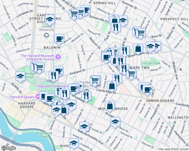 map of restaurants, bars, coffee shops, grocery stores, and more near 23 Roberts Road in Cambridge