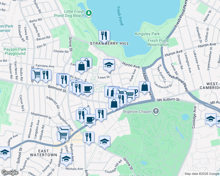 map of restaurants, bars, coffee shops, grocery stores, and more near 13 Thingvalla Avenue in Cambridge