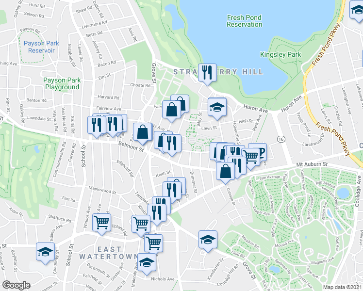 map of restaurants, bars, coffee shops, grocery stores, and more near 24 Exeter Street in Belmont